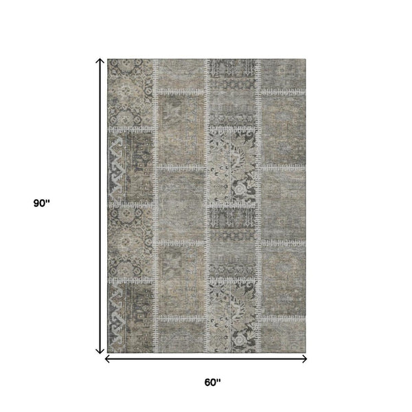 HomeRoots 5' X 8' Washable Taupe and Ivory Patchwork Area Rug with UV Protection and Stain Resistance Features 653262