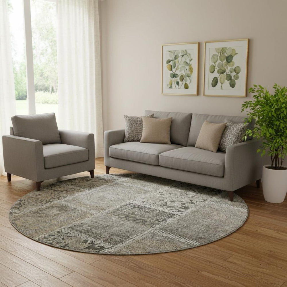 HomeRoots 8' Taupe and Ivory Patchwork Washable Round Rug - UV Protected, Easy Care, Durable & Stylish Design 653263