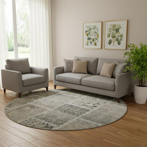 HomeRoots 8' Taupe and Ivory Patchwork Washable Round Rug - UV Protected, Easy Care, Durable & Stylish Design 653263