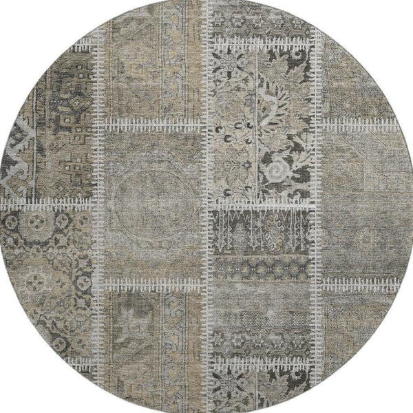 HomeRoots 8' Taupe and Ivory Patchwork Washable Round Rug - UV Protected, Easy Care, Durable & Stylish Design 653263