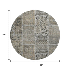 HomeRoots 8' Taupe and Ivory Patchwork Washable Round Rug - UV Protected, Easy Care, Durable & Stylish Design 653263