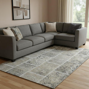 HomeRoots 8' X 10' Taupe and Ivory Patchwork Washable Area Rug with Stain Resistance and UV Protection 653264