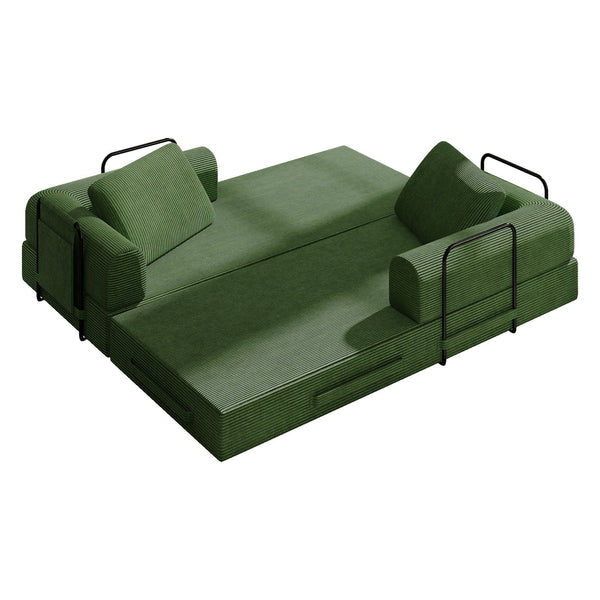 English Elm Convertible Sleeper Sofa Bed Corduroy Folding Mattress Couch with Cylindrical Pillow, Space-Saving Comfort for Living Room and Studio Jade W3366P364230