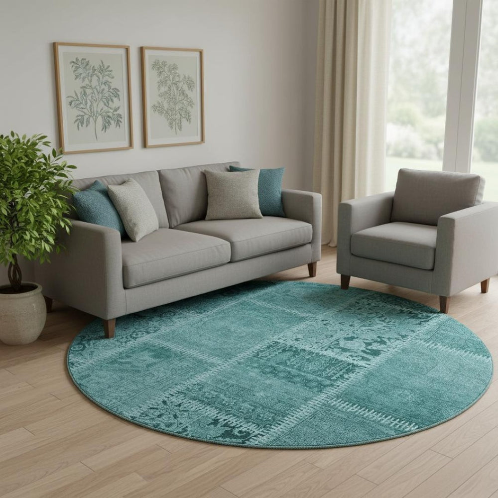HomeRoots 8' Turquoise Aqua Patchwork Round Rug - Washable, UV Protected, Stain Resistant & Soft for Kids! 653269