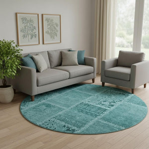 HomeRoots 8' Turquoise Aqua Patchwork Round Rug - Washable, UV Protected, Stain Resistant & Soft for Kids! 653269