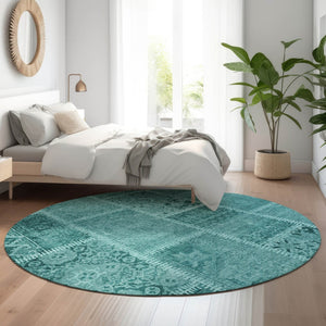 HomeRoots 8' Turquoise Aqua Patchwork Round Rug - Washable, UV Protected, Stain Resistant & Soft for Kids! 653269