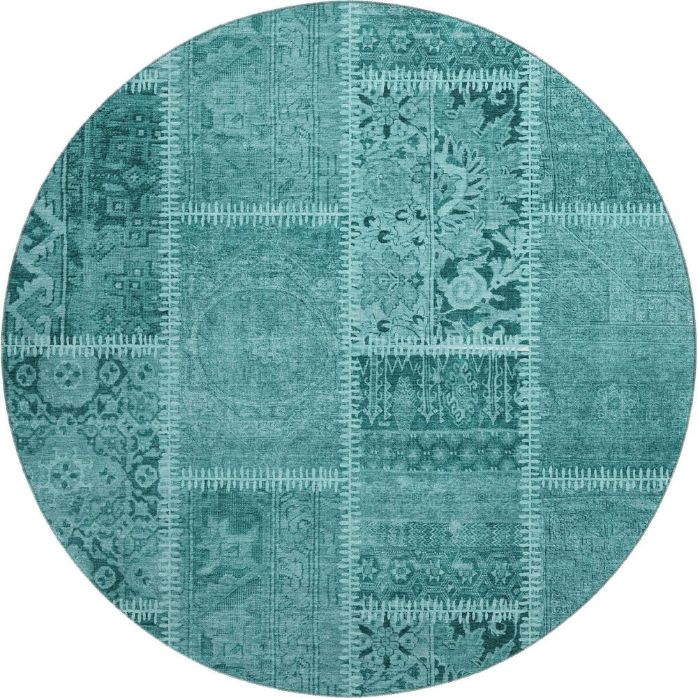 HomeRoots 8' Turquoise Aqua Patchwork Round Rug - Washable, UV Protected, Stain Resistant & Soft for Kids! 653269