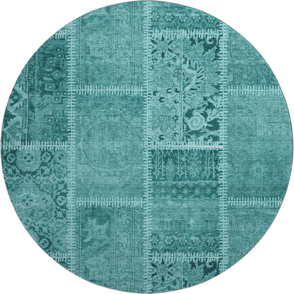 HomeRoots 8' Turquoise Aqua Patchwork Round Rug - Washable, UV Protected, Stain Resistant & Soft for Kids! 653269