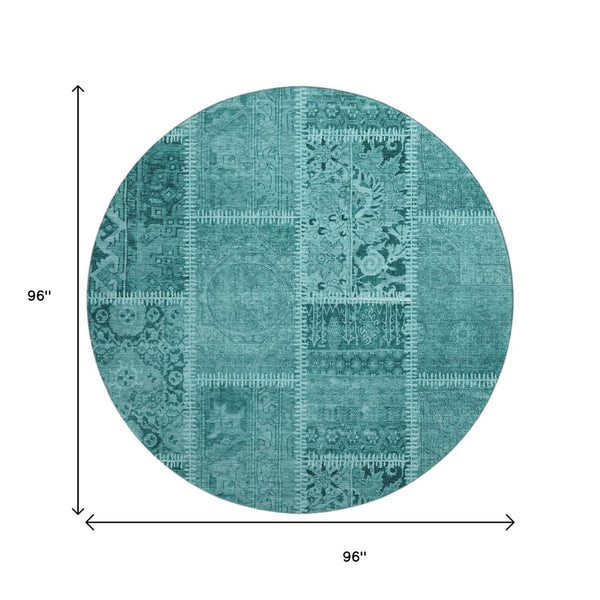 HomeRoots 8' Turquoise Aqua Patchwork Round Rug - Washable, UV Protected, Stain Resistant & Soft for Kids! 653269