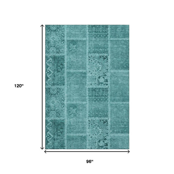 HomeRoots 8' X 10' Turquoise And Aqua Patchwork Area Rug - Stain Resistant, UV Protected, Easy Care Design 653270