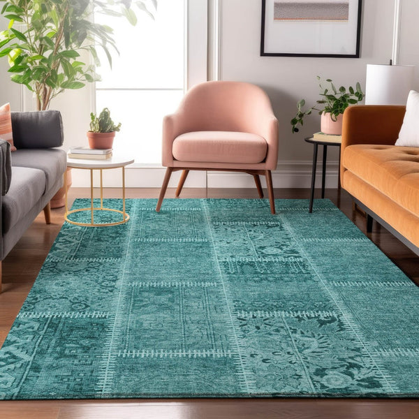 HomeRoots 8' X 10' Turquoise And Aqua Patchwork Area Rug - Stain Resistant, UV Protected, Easy Care Design 653270