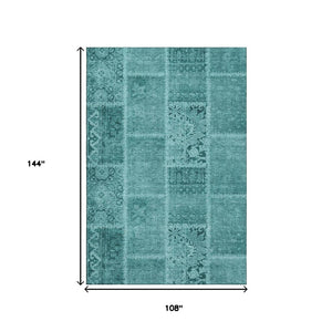 HomeRoots 9' X 12' Turquoise & Aqua Patchwork Rug – Durable, Washable, UV-Protected for Coastal Living Spaces 653271