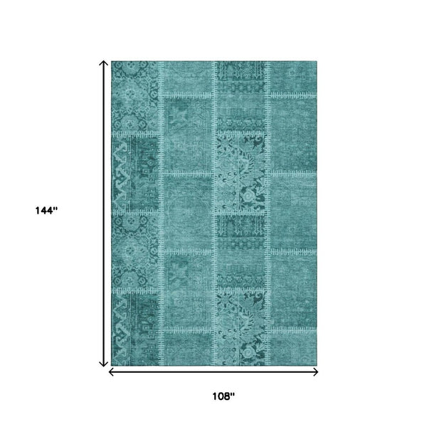 HomeRoots 9' X 12' Turquoise & Aqua Patchwork Rug – Durable, Washable, UV-Protected for Coastal Living Spaces 653271
