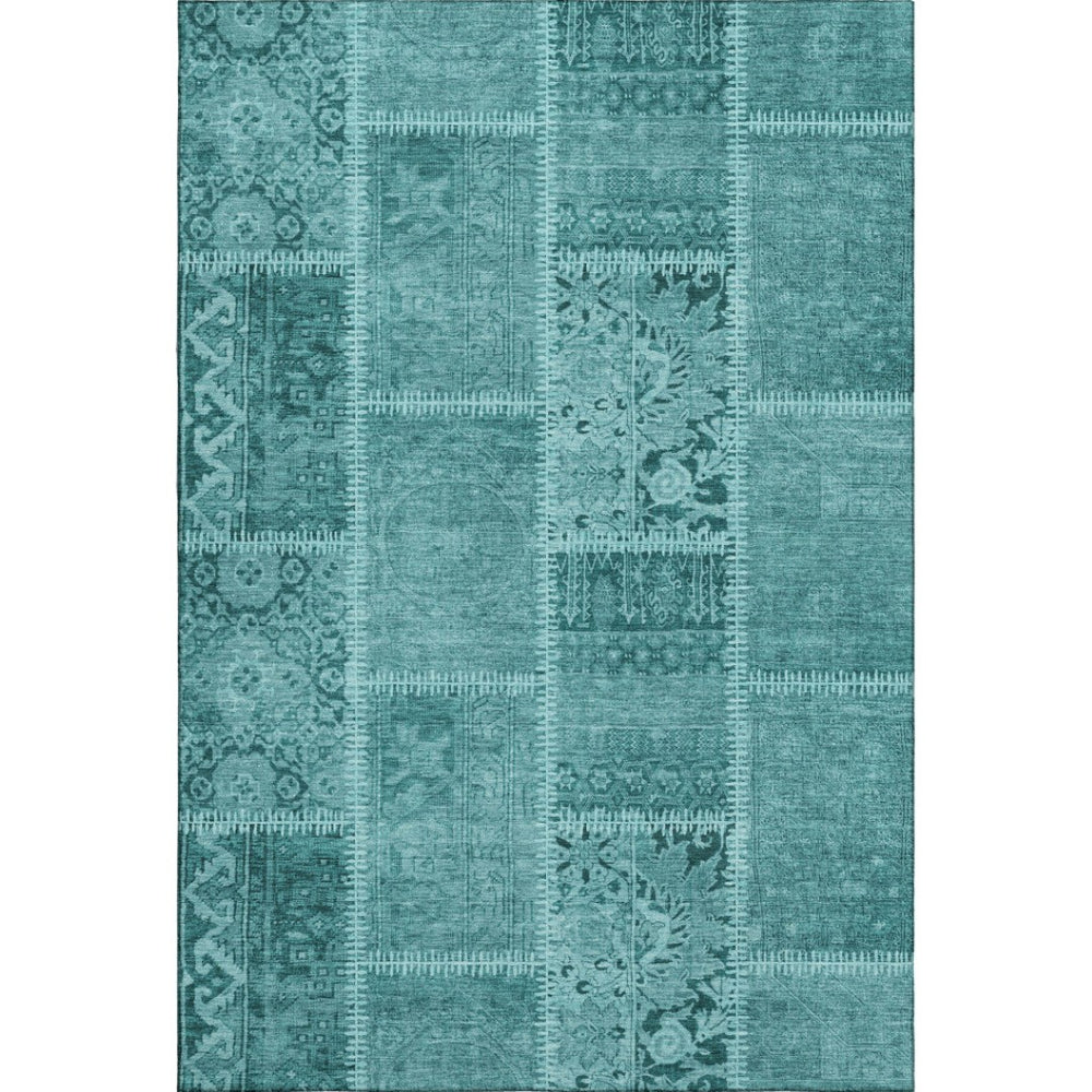 HomeRoots 9' X 12' Turquoise & Aqua Patchwork Rug – Durable, Washable, UV-Protected for Coastal Living Spaces 653271
