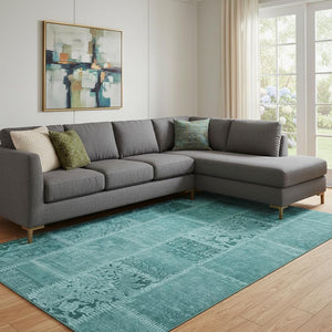 HomeRoots 9' X 12' Turquoise & Aqua Patchwork Rug – Durable, Washable, UV-Protected for Coastal Living Spaces 653271