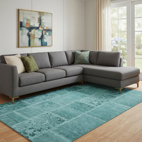 HomeRoots 9' X 12' Turquoise & Aqua Patchwork Rug – Durable, Washable, UV-Protected for Coastal Living Spaces 653271