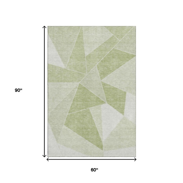 HomeRoots 5' Artichoke Green & Ivory Geometric Area Rug – Washable, UV-Protected, Durable for High-Traffic Spaces 653274