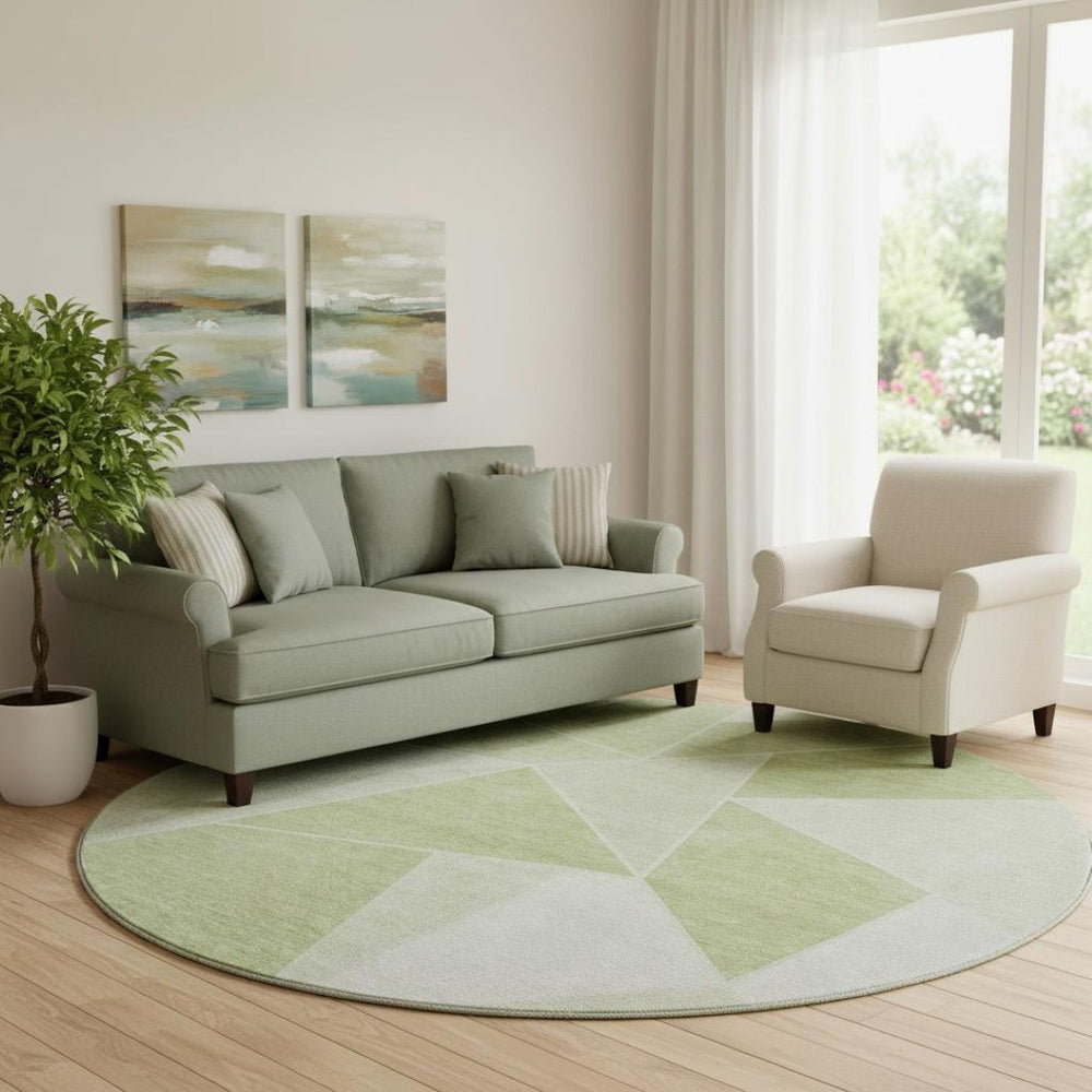 HomeRoots 8' Artichoke Green & Ivory Geometric Round Rug – Washable, UV Protected, Durable for Kids & Pets 653275