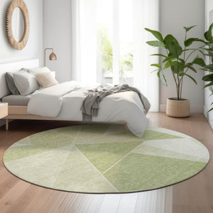 HomeRoots 8' Artichoke Green & Ivory Geometric Round Rug – Washable, UV Protected, Durable for Kids & Pets 653275