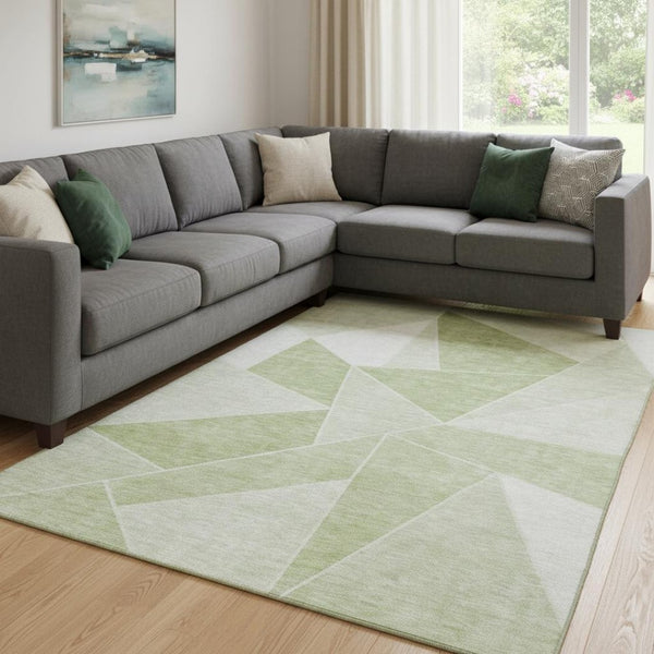 HomeRoots 9' X 12' Artichoke Green Geometric Area Rug - Washable, UV-Protected, Perfect for Busy Homes! 653277