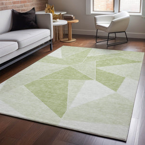 HomeRoots 10' Artichoke Green & Ivory Geometric Washable Area Rug with UV Protection for Modern Homes 653278