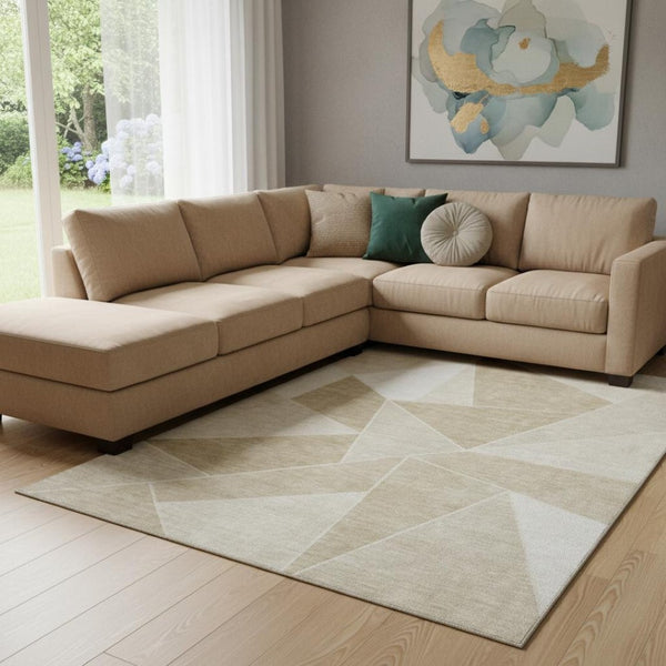 HomeRoots 10' X 14' Washable Beige and Ivory Geometric Area Rug with UV Protection for Modern Homes 653284