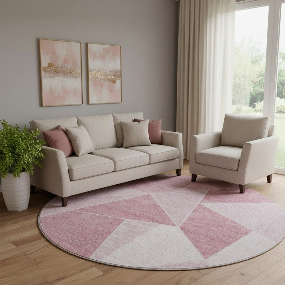 HomeRoots 8' Blush and Ivory Geometric Round Rug - Washable, UV Protected, Stylish for Living Spaces and Nurseries 653287