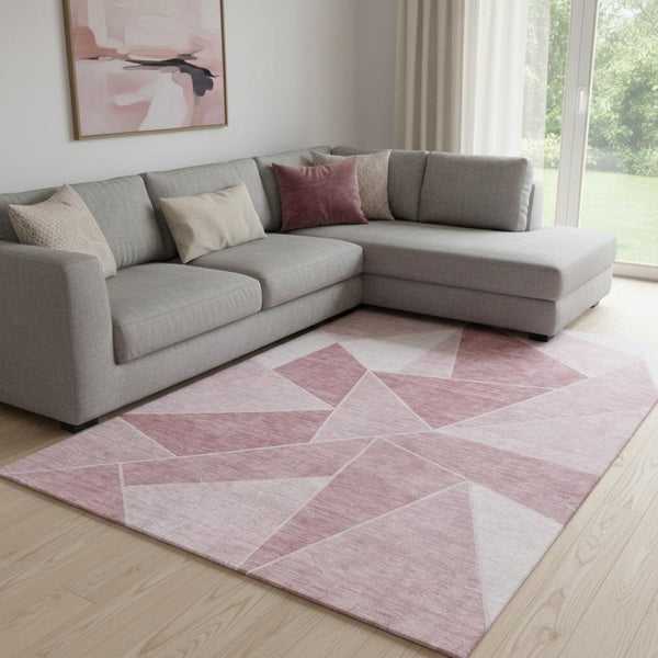 HomeRoots 9' X 12' Blush & Ivory Geometric Area Rug – Washable, UV-Protected, Ideal for High-Traffic Spaces 653289