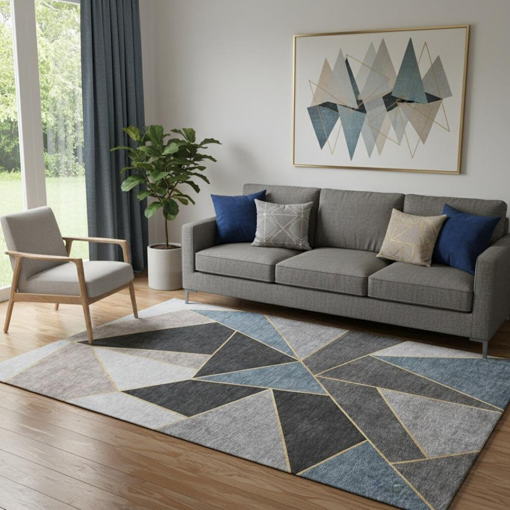 HomeRoots 5' X 8' Contemporary Blue Charcoal Ivory Geometric Washable Area Rug with UV & Stain Resistance 653292