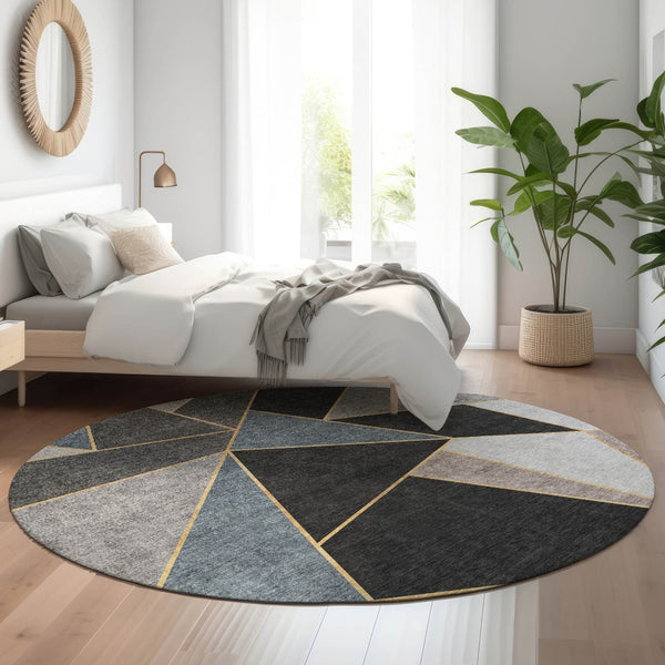 HomeRoots 8' Blue Charcoal and Ivory Geometric Washable Round Rug - Durable, UV-Protected, Stylish Design! 653293