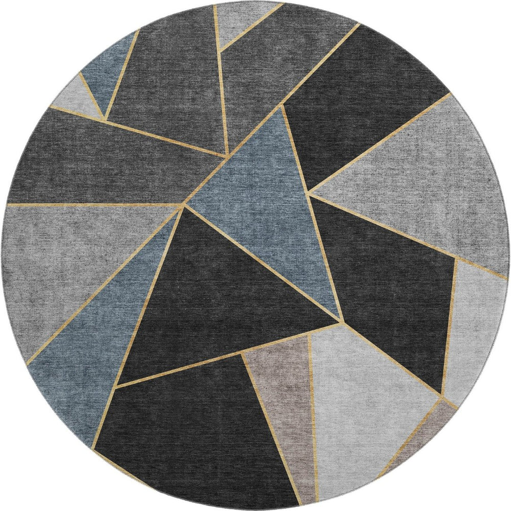 HomeRoots 8' Blue Charcoal and Ivory Geometric Washable Round Rug - Durable, UV-Protected, Stylish Design! 653293