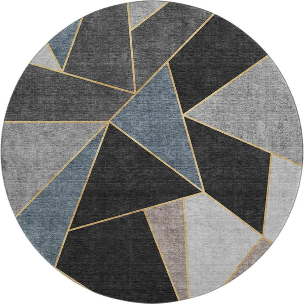HomeRoots 8' Blue Charcoal and Ivory Geometric Washable Round Rug - Durable, UV-Protected, Stylish Design! 653293