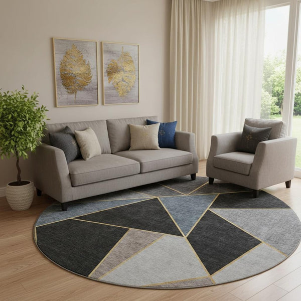 HomeRoots 8' Blue Charcoal and Ivory Geometric Washable Round Rug - Durable, UV-Protected, Stylish Design! 653293