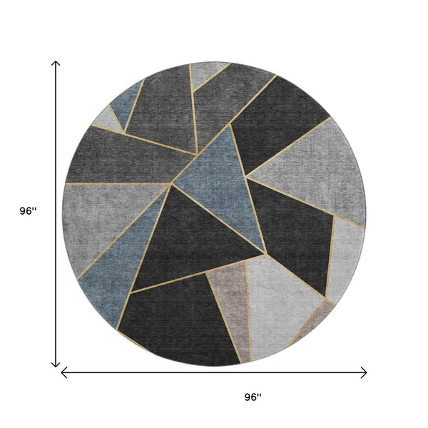 HomeRoots 8' Blue Charcoal and Ivory Geometric Washable Round Rug - Durable, UV-Protected, Stylish Design! 653293