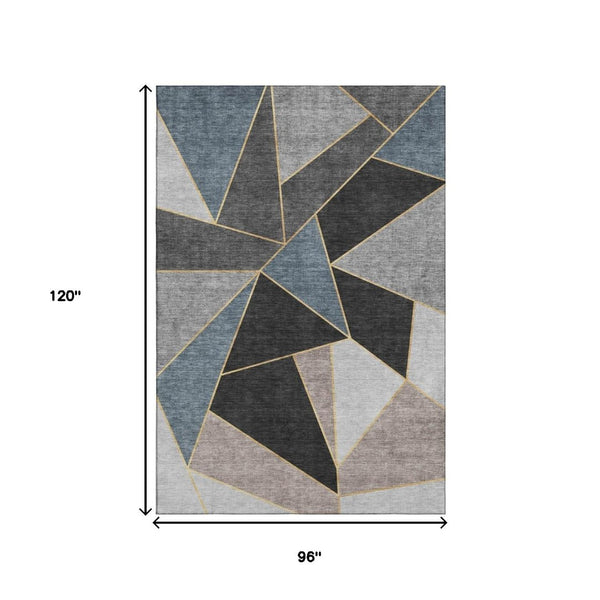 HomeRoots 8' X 10' Washable Blue, Charcoal & Ivory Geometric Area Rug with UV Protection for High-Traffic Areas 653294