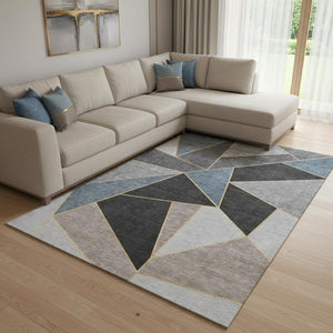 HomeRoots 8' X 10' Washable Blue, Charcoal & Ivory Geometric Area Rug with UV Protection for High-Traffic Areas 653294