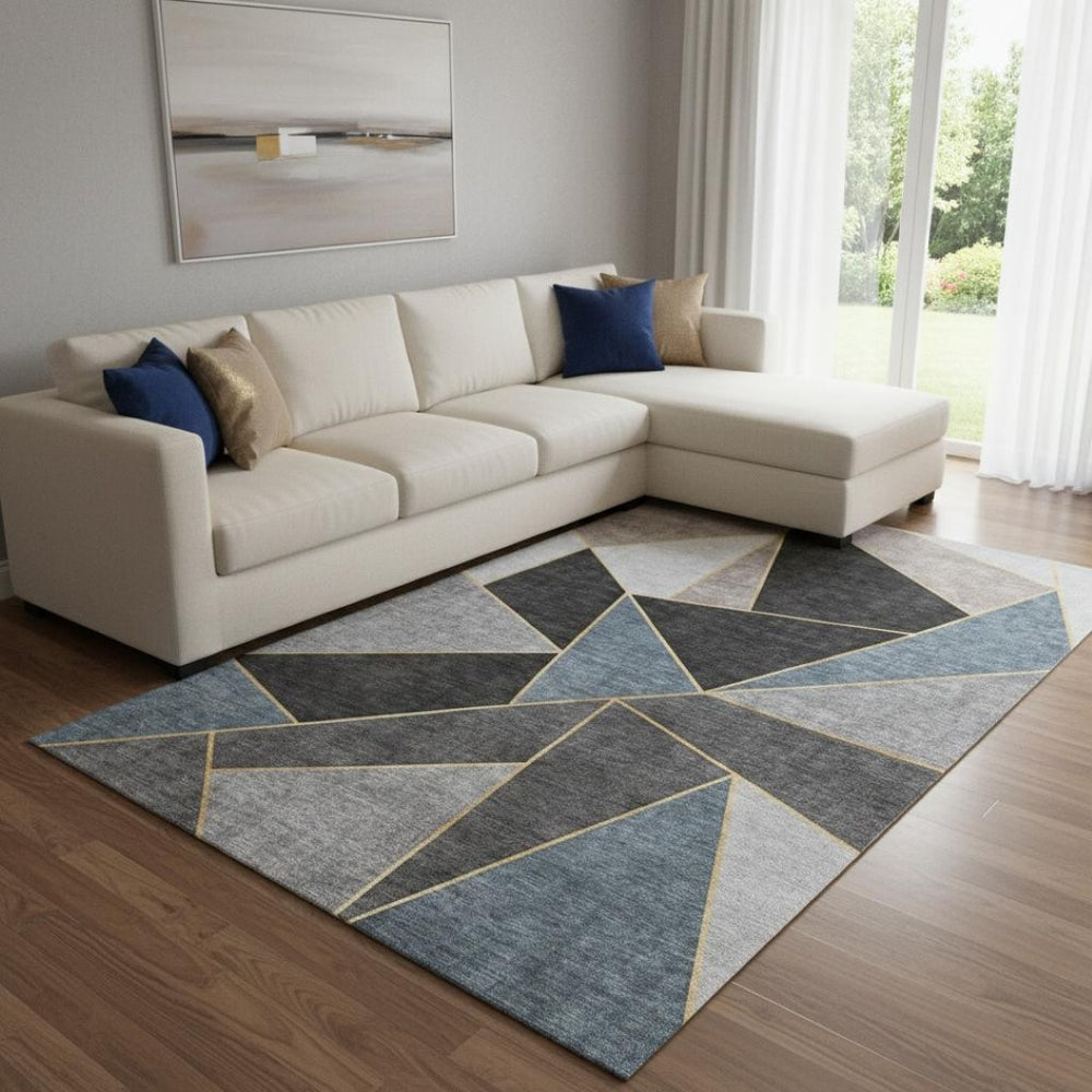HomeRoots 9' X 12' Blue Charcoal & Ivory Geometric Washable Area Rug – Durable, Stain-Resistant & UV Protected 653295