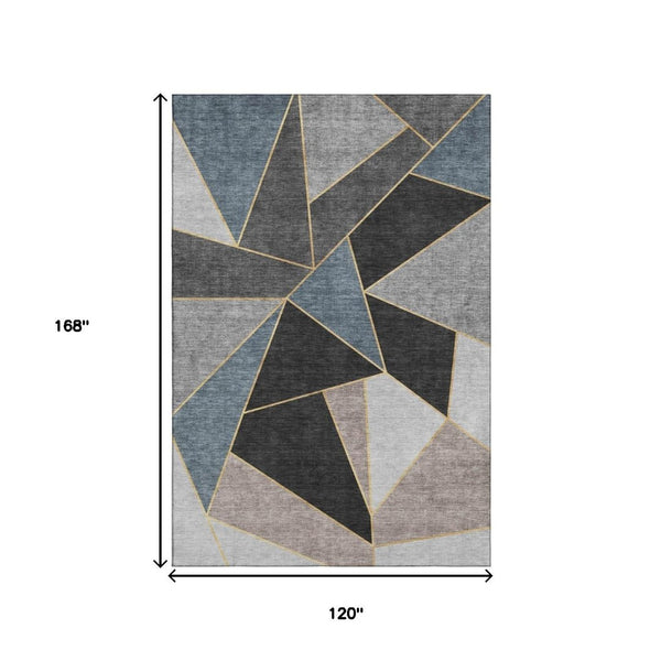 HomeRoots 10' Geometric Area Rug in Blue, Charcoal & Ivory - Washable, UV Protected, Perfect for High Traffic Spaces 653296