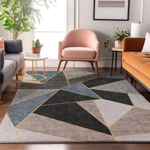 HomeRoots 10' Geometric Area Rug in Blue, Charcoal & Ivory - Washable, UV Protected, Perfect for High Traffic Spaces 653296