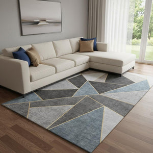 HomeRoots 10' Geometric Area Rug in Blue, Charcoal & Ivory - Washable, UV Protected, Perfect for High Traffic Spaces 653296