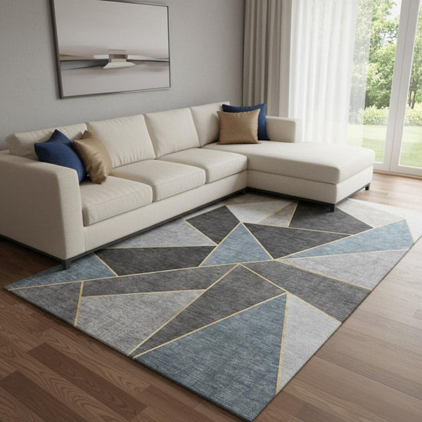 HomeRoots 10' Geometric Area Rug in Blue, Charcoal & Ivory - Washable, UV Protected, Perfect for High Traffic Spaces 653296