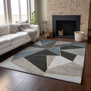 HomeRoots 10' Geometric Area Rug in Blue, Charcoal & Ivory - Washable, UV Protected, Perfect for High Traffic Spaces 653296