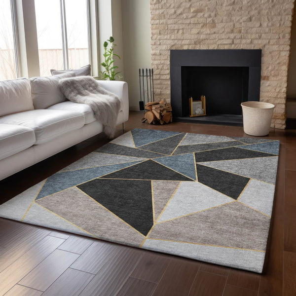 HomeRoots 10' Geometric Area Rug in Blue, Charcoal & Ivory - Washable, UV Protected, Perfect for High Traffic Spaces 653296