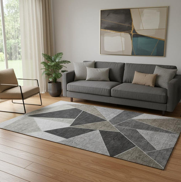 HomeRoots 5' X 8' Coffee Charcoal Ivory Geometric Area Rug – Washable, UV-Protected, Durable & Stylish Home Accent 653298
