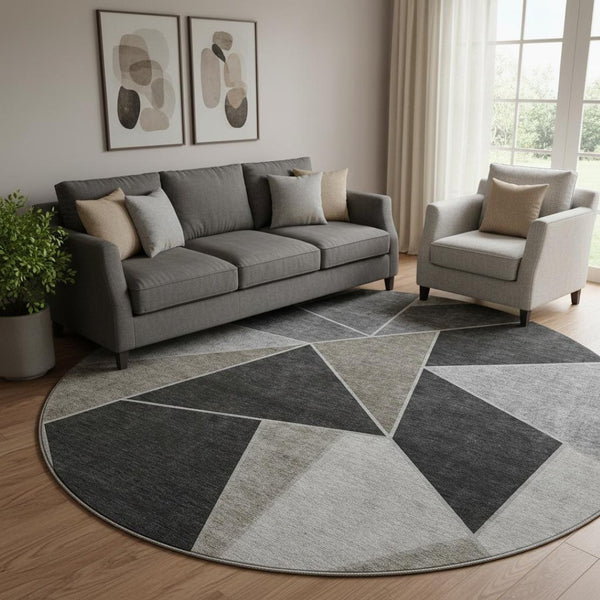 HomeRoots 8' Modern Coffee Charcoal Ivory Geometric Washable Round Rug with UV Protection & Soft Durability 653299