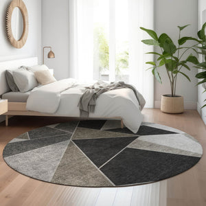 HomeRoots 8' Modern Coffee Charcoal Ivory Geometric Washable Round Rug with UV Protection & Soft Durability 653299