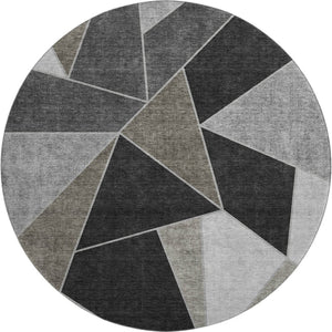 HomeRoots 8' Modern Coffee Charcoal Ivory Geometric Washable Round Rug with UV Protection & Soft Durability 653299