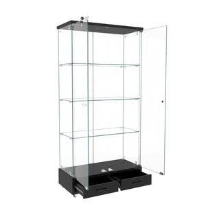 English Elm Modern Glass Display Cabinet With Led Lighting & Drawers – Elegant Black Storage Solution For Home W241P268282