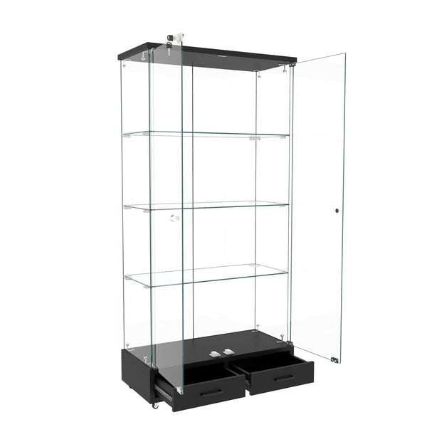 English Elm Modern Glass Display Cabinet With Led Lighting & Drawers – Elegant Black Storage Solution For Home W241P268282