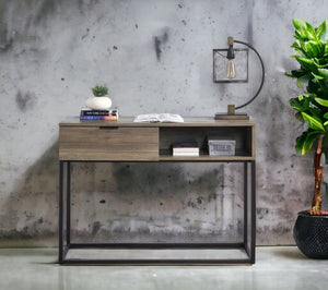 English Elm Rustic Oak And Black Writing Desk - Compact Industrial Design With Drawer And Shelf For Small Spaces B062P209209-GIGA